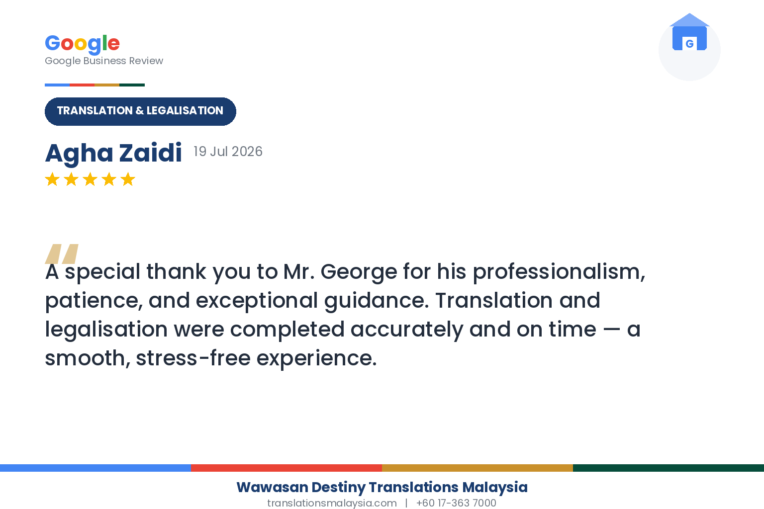 Client review for certified translation and legalisation services Malaysia
